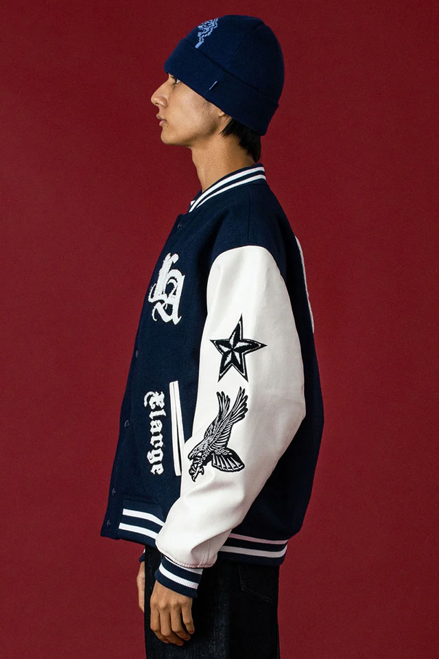 【希少XL】エクストララージ☆ 袖切り替えパイルロゴウールスタジャン ブルー XLARGE - エクストラ ラージ スタジャン レザー ビックロゴ パイルロゴ