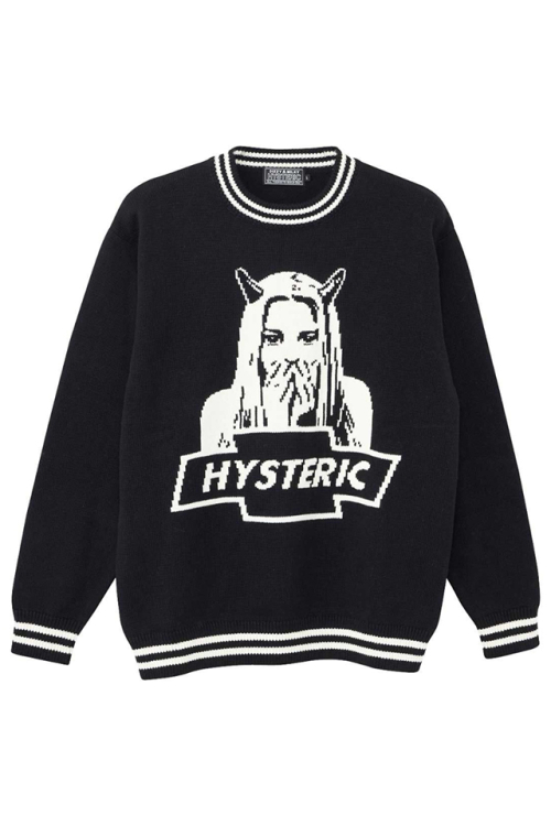 HYSTERIC GLAMOUR ヒステリックグラマー 02233NS04 DEVIL MADE ME DO IT編込 セーター BLACK 正規通販 メンズ
