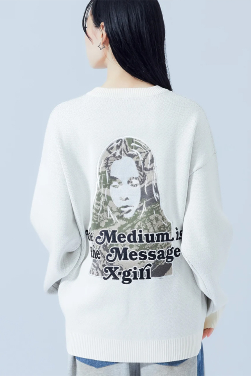 X-girl エックスガール 105264015015 CAMO FACE AND LOGO JACQUARD KNIT TOP ジャガードニット OFF WHITE 正規通販 レディース