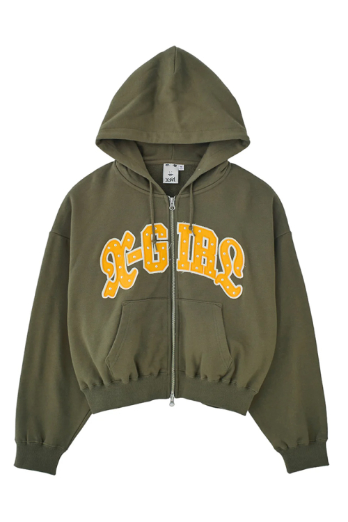 X-girl エックスガール 105261012005 STUDDED LOGO ZIP UP SWEAT HOODIE ジップパーカー OLIVE 正規通販 レディース