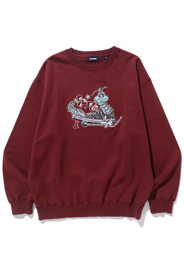 XLARGE エクストララージ 101234012013 CATERPILLAR IN A SHOE CREWNECK SWEATSHIRT XLARGE クルーネックスウェット BURGUNDY 正規通販 メンズ レディース