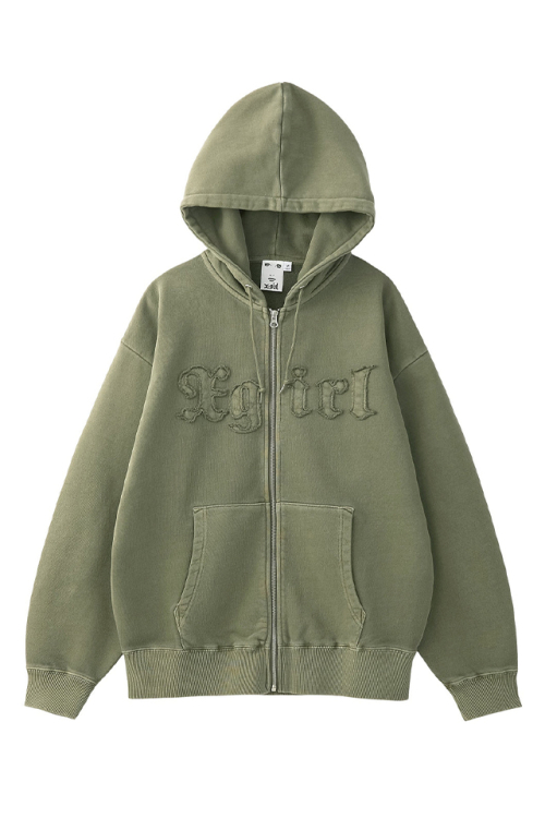 X-girl エックスガール 105253012015 LOGO PATCH PIGMENT DYED ZIP UP SWEAT HOODIE ジップパーカー OLIVE 正規通販 レディース