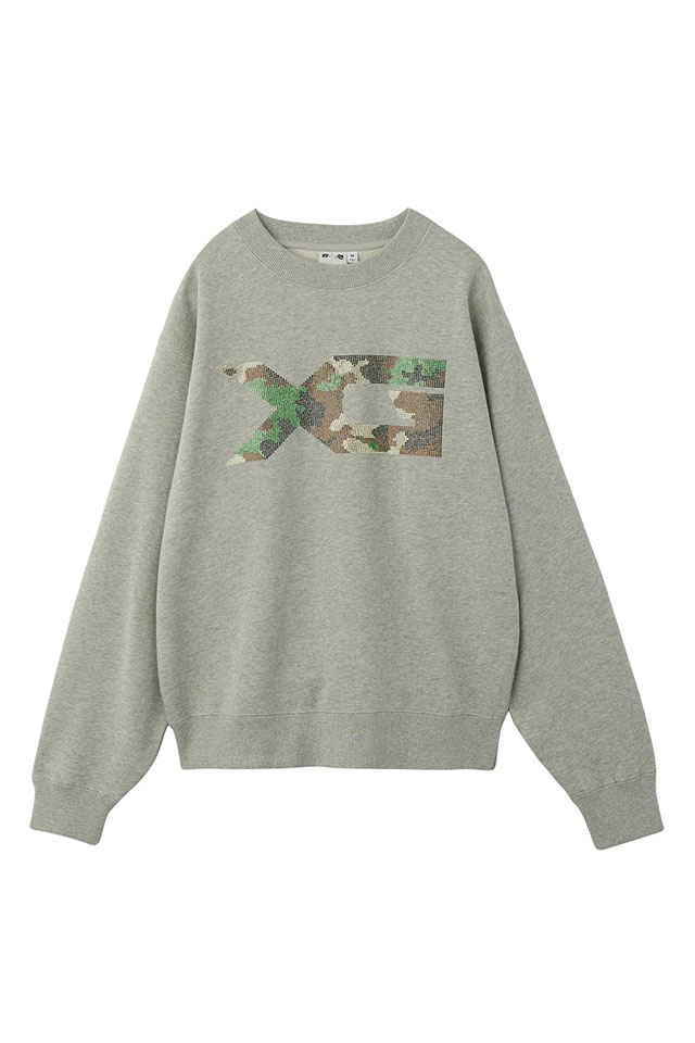 X-girl エックスガール 105254012019 RHINESTONE CAMO LOGO SWEAT TOP クルーネックスウェット ASH 正規通販 レディース