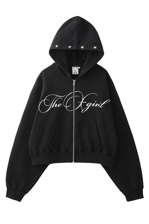 X-girl エックスガール 105253012009 PENCIL SCRIPT LOGO EMBROIDERED ZIP UP SWEAT HOODIE ジップパーカー BLACK 正規通販 レディース