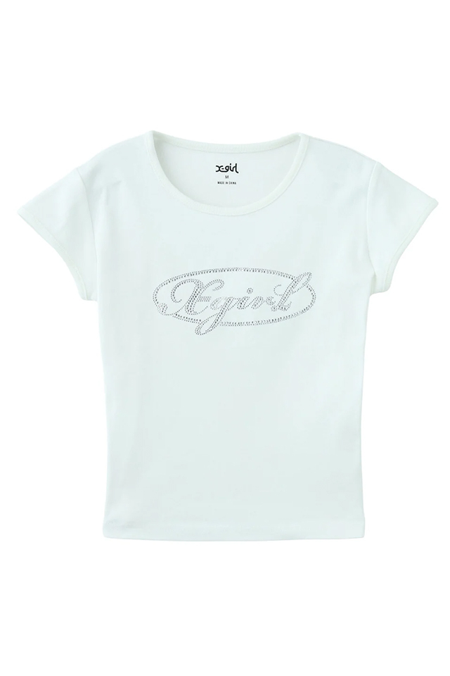 X-girl エックスガール 105261011010 RHINESTONE OVAL CURSIVE LOGO S/S BABY TEE ベビーTシャツ WHITE 正規通販 レディース