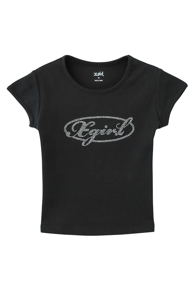 X-girl エックスガール 105261011010 RHINESTONE OVAL CURSIVE LOGO S/S BABY TEE ベビーTシャツ BLACK 正規通販 レディース