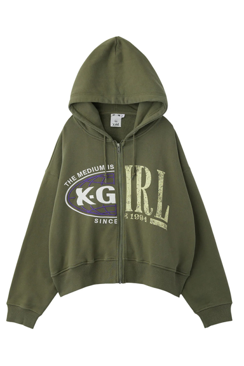 X-girl エックスガール 105254012010 PANELED GRAPHIC ZIP UP SWEAT HOODIE ジップパーカー OLIVE 正規通販 レディース