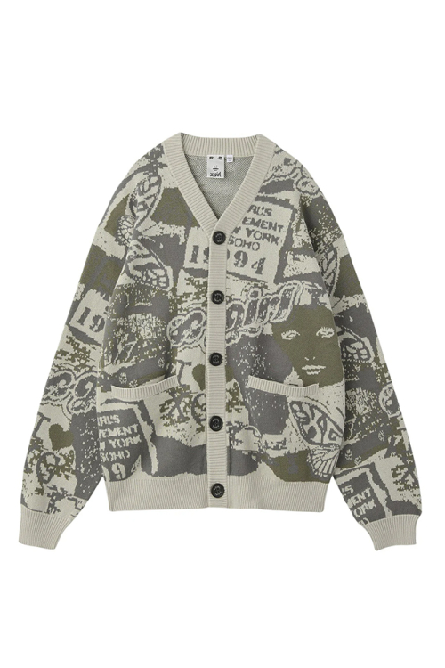 X-girl エックスガール 105254015019 COLLAGE GRAPHIC JACQUARD KNIT CARDIGAN コラージュグラフィックジャガードニットカーディガン OLIVE 正規通販 レディース