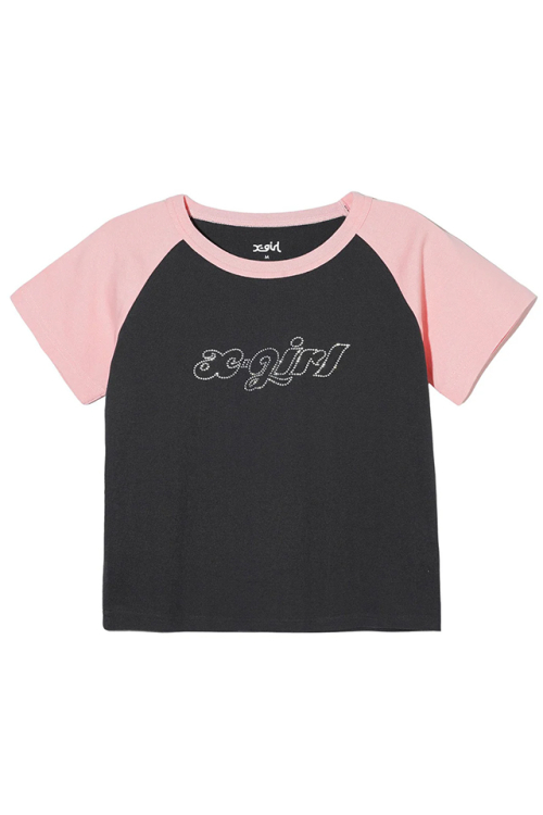 X-girl エックスガール 105242011014 RHINESTONE CHUBBY LOGO S/S RAGLAN BABY TEE ラグランベビーTシャツ CHACOAL 正規通販 レディース