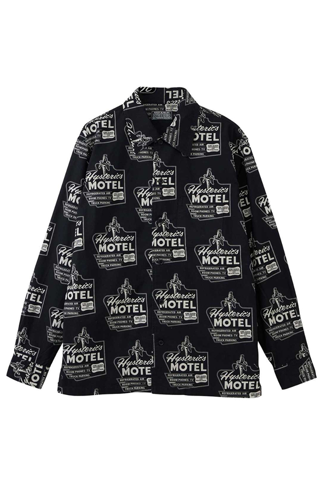 HYSTERIC GLAMOUR ヒステリックグラマー 02241AH06 HYSTERIC MOTEL柄 フラットカラーシャツ BLACK 正規通販 メンズ