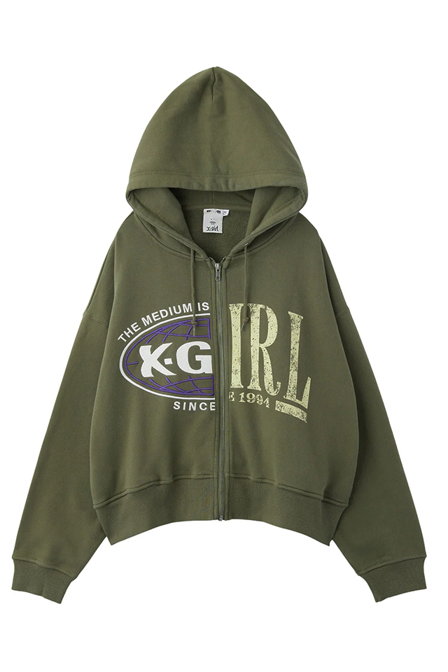 X-girl エックスガール 105254012010 PANELED GRAPHIC ZIP UP SWEAT HOODIE ジップパーカー OLIVE 正規通販 レディース