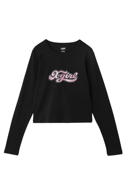 X-girl エックスガール 105254011006 RHINESTONE AND GLITTER LOGO L/S BABY ベビーTシャツ BLACK 正規通販 レディース