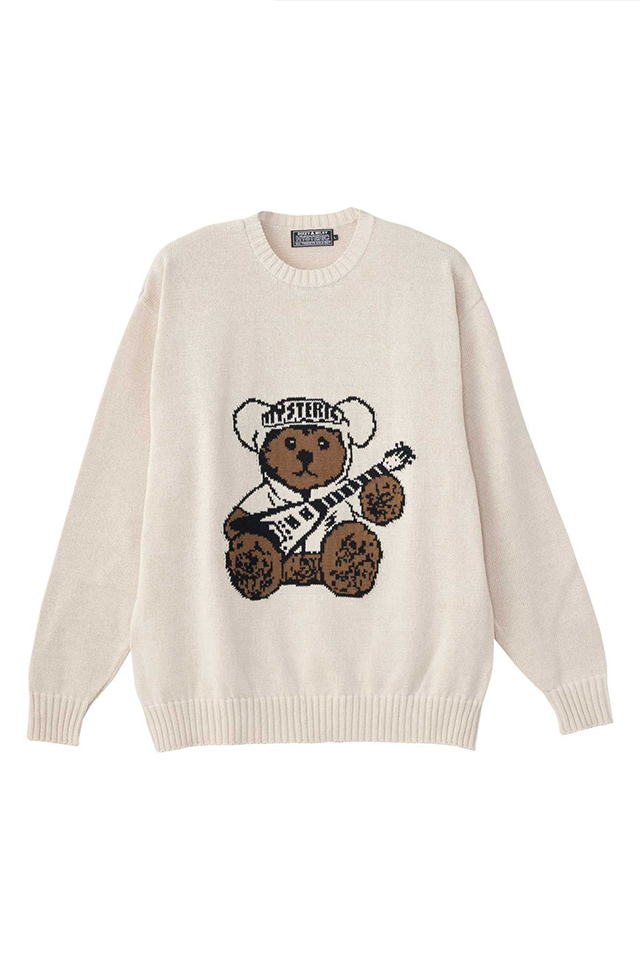 HYSTERIC GLAMOUR ヒステリックグラマー 02253NS03 HYSTERIC TEDDY FLYING Vジャカード セーター WHITE 正規通販 メンズ レディース