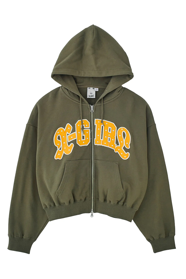 X-girl エックスガール 105261012005 STUDDED LOGO ZIP UP SWEAT HOODIE ジップパーカー OLIVE 正規通販 レディース