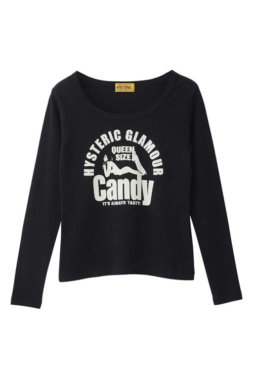 HYSTERIC GLAMOUR ヒステリックグラマー 01253CL07 QUEEN SIZE CANDY チビTシャツ BLACK 正規通販 レディース
