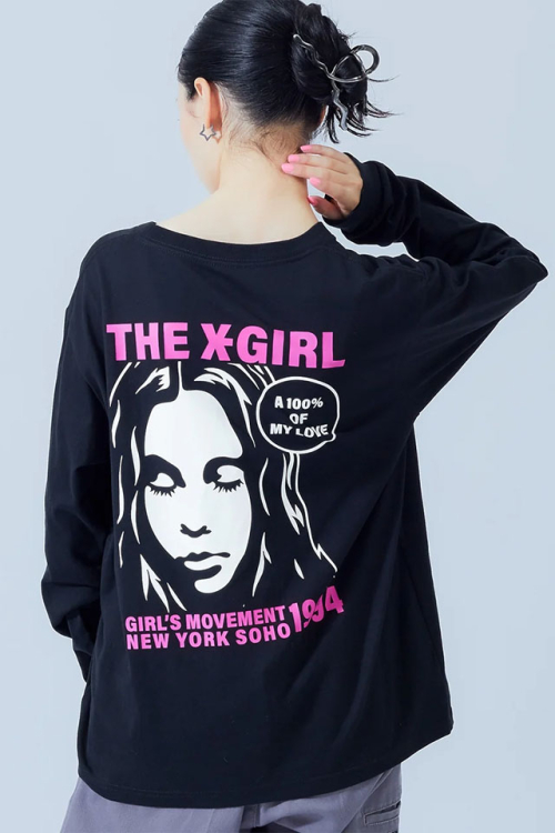 X-girl エックスガール 105264011002 FACE AND CIRCLE LOGO L/S TEE Tシャツ BLACK 正規通販 レディース