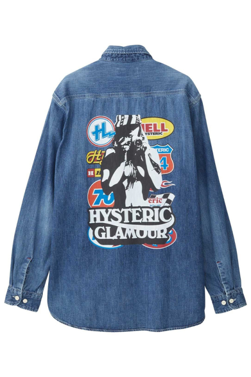 HYSTERIC GLAMOUR ヒステリックグラマー 02233AH06 CAR LOGO CAMERA GIRL ワークデニムシャツ LIGHT INDIGO BLUE 正規通販 メンズ