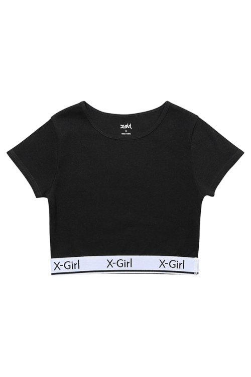 X-girl エックスガール 105242013025 LOGO AND STRIPE CROPPED S/S TOP クロップド丈Tシャツ BLACK 正規通販 レディース