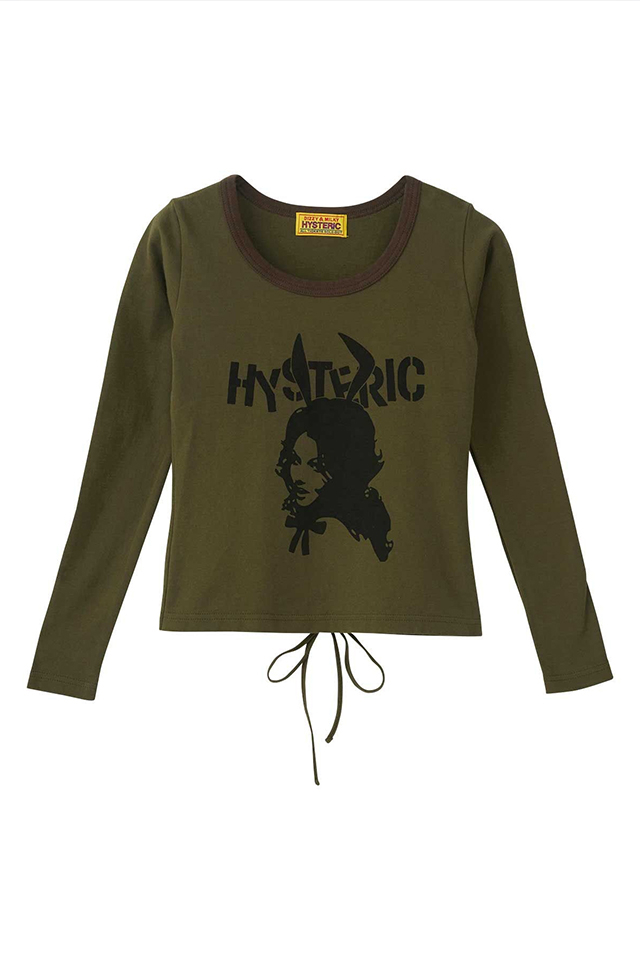 HYSTERIC GLAMOUR ヒステリックグラマー 01253CL05 BUNNY GIRLレースアップ チビTシャツ KHAKI 正規通販 レディース
