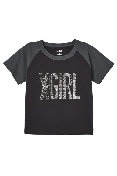 X-girl エックスガール 105262011009 RHINESTONE VERTICAL LOGO RAGLAN S/S BABY TEE ベビーTシャツ BLACK 正規通販 レディース