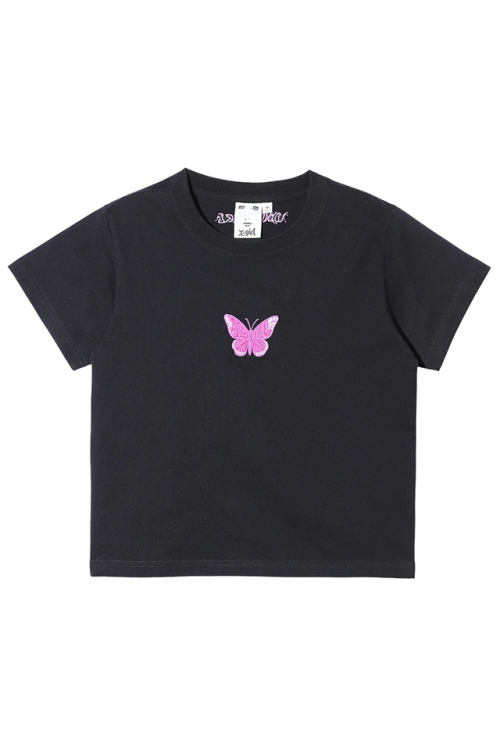 X-girl エックスガール 105242011018 EMBROIDERED BUTTERFLY LOGO S/S BABY TEE ベビーTシャツ BLACK 正規通販 レディース