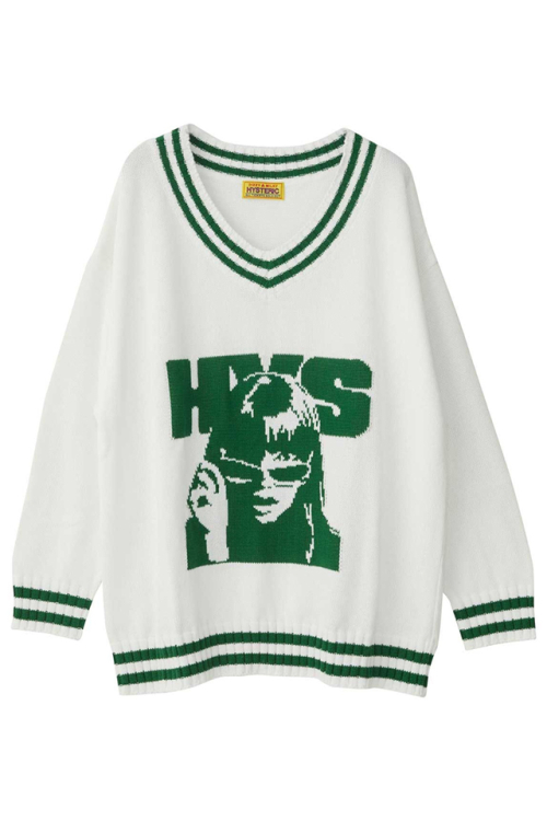 HYSTERIC GLAMOUR ヒステリックグラマー 01233NS04 MAXIMUM ROCKジャカード チルデンオーバーサイズセーター WHITE 正規通販 レディース