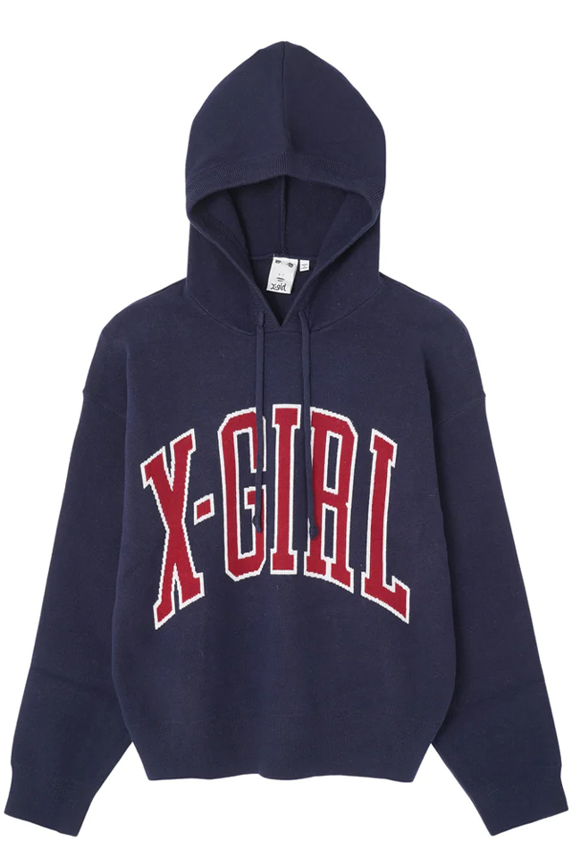 X-girl エックスガール 105234015005 COLLEGE LOGO KNIT HOODIE X-girl カレッジロゴニットパーカー NAVY 正規通販 レディース