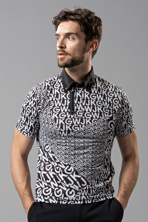 WJKG gf701b patchwork print polo ポロシャツ BLACK × WHITE 正規通販 メンズ ゴルフ
