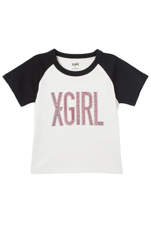 X-girl エックスガール 105262011009 RHINESTONE VERTICAL LOGO RAGLAN S/S BABY TEE ベビーTシャツ WHITE 正規通販 レディース