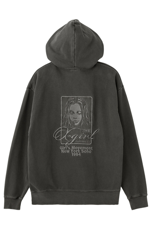 X-girl エックスガール 105261012014 PIGMENT DYED FACE AND LOGO SQUARE PATCH ZIP UP SWEAT HOODIE ジップパーカー BLACK 正規通販 レディース