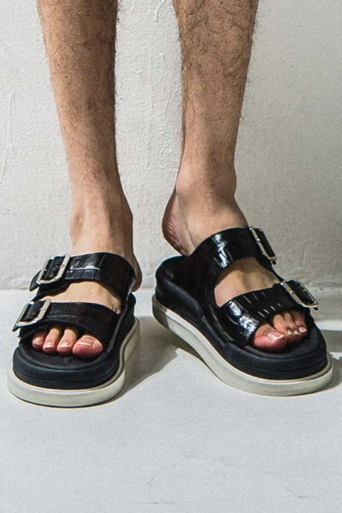 RESOUND CLOTHING  リサウンドクロージング RC24-S-001 crocodile double sandal レザーサンダル BLACK 正規通販 メンズ 2022年5月中旬入荷予定