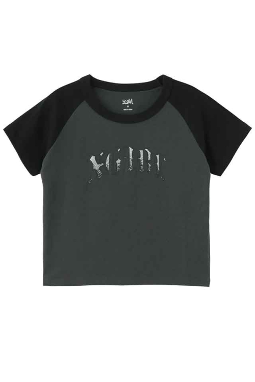 X-girl エックスガール 105252011004 GRADATION GLITTER LOGO S/S RAGLAN BABY TEE ベビーTシャツ CHACOAL 正規通販 レディース