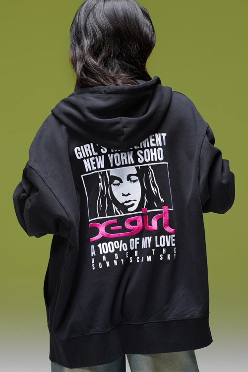 X-girl エックスガール 105263012013 FACE BOX AND MESSAGE ZIP UP SWEAT HOODIE ジップパーカー BLACK 正規通販 レディース