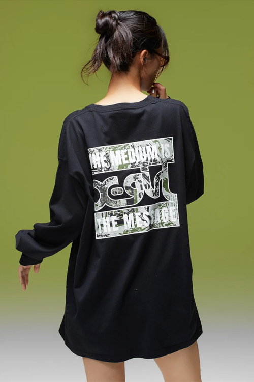 X-girl エックスガール 105263041004 BRUSHED COLLAGE GRAPHIC LOGO L/S BIG TEE DRESS Tシャツワンピース BLACK 正規通販 レディース