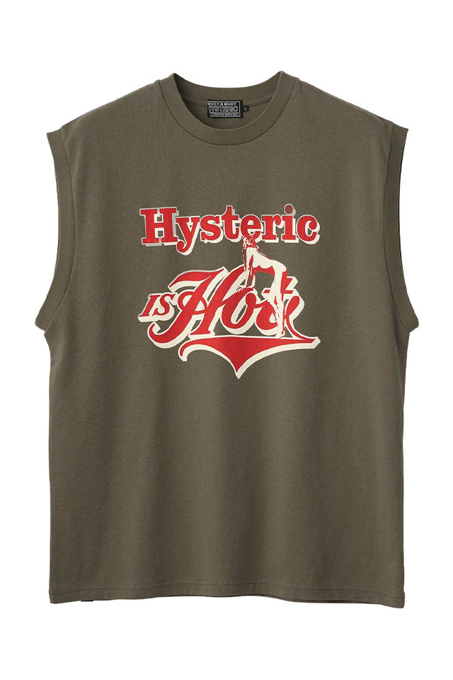 HYSTERIC GLAMOUR ヒステリックグラマー 02261CR01 HYSTERIC IS HOT ノースリーブTシャツ KHAKI 正規通販 メンズ