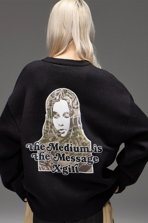 X-girl エックスガール 105264015015 CAMO FACE AND LOGO JACQUARD KNIT TOP ジャガードニット BLACK 正規通販 レディース