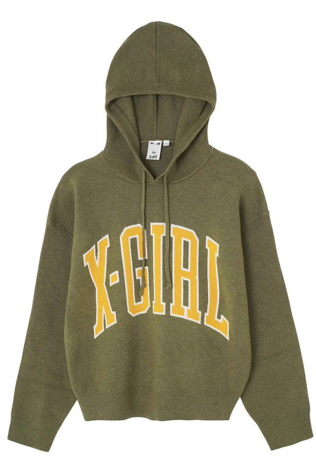 X-girl エックスガール 105234015005 COLLEGE LOGO KNIT HOODIE X-girl カレッジロゴニットパーカー OLIVE 正規通販 レディース