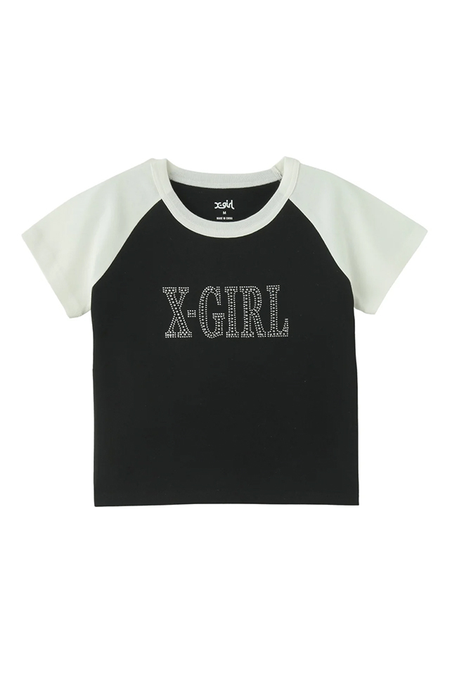 X-girl エックスガール 105252011029 RHINESTONE ROMAN TYPE LOGO RAGLAN S/S BABY TEE ベビーTシャツ BLACK 正規通販 レディース