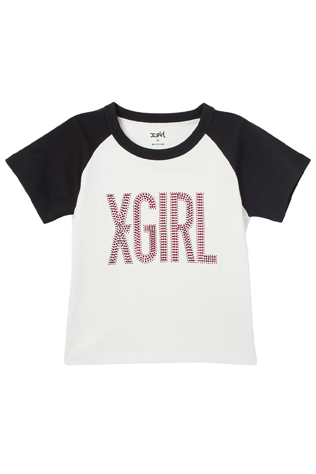 X-girl エックスガール 105262011009 RHINESTONE VERTICAL LOGO RAGLAN S/S BABY TEE ベビーTシャツ WHITE 正規通販 レディース