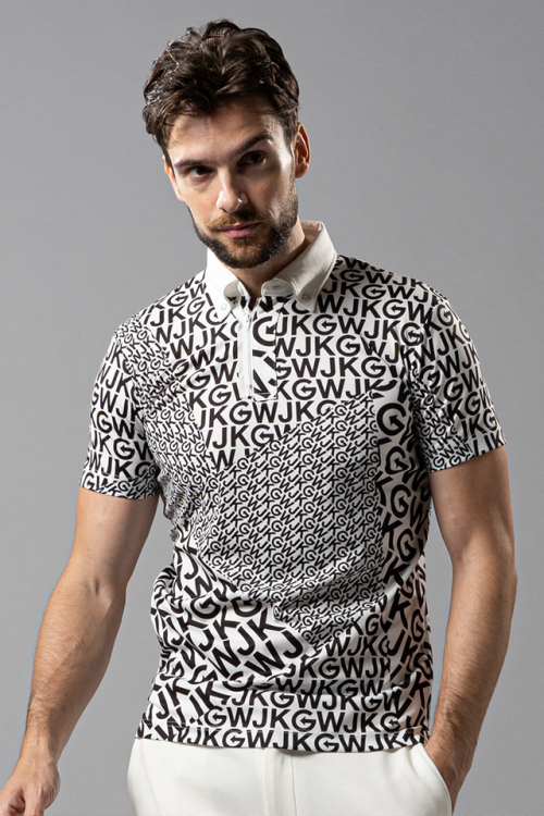 WJKG gf701b patchwork print polo ポロシャツ WHITE × BLACK 正規通販 メンズ ゴルフ
