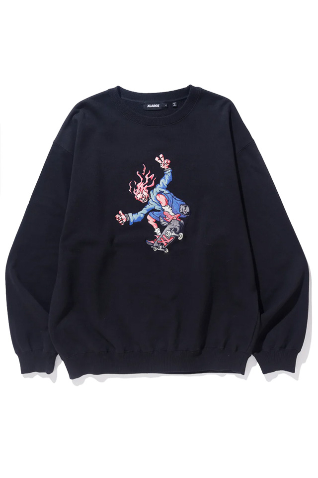 XLARGE エクストララージ 101234012021 BURNING MONSTER CREWNECK SWEATSHIRT XLARGE クルーネックスウェット BLACK 正規通販 メンズ レディース