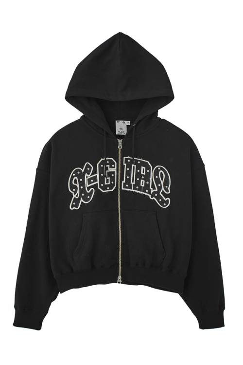 X-girl エックスガール 105261012005 STUDDED LOGO ZIP UP SWEAT HOODIE ジップパーカー BLACK 正規通販 レディース