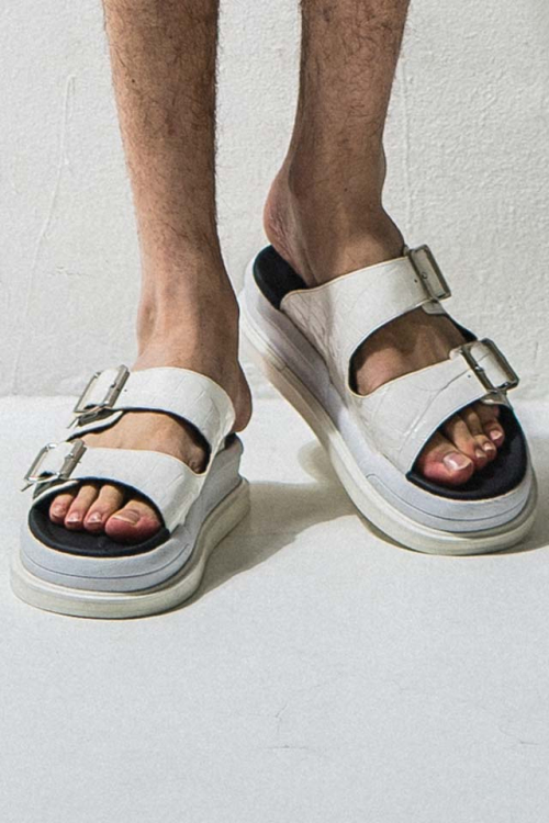 RESOUND CLOTHING  リサウンドクロージング RC24-S-001 crocodile double sandal レザーサンダル WHITE 正規通販 メンズ