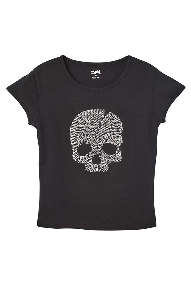 X-girl エックスガール 105262011015 RHINESTONE SKULL S/S BABY TEE ベビーTシャツ BLACK 正規通販 レディース