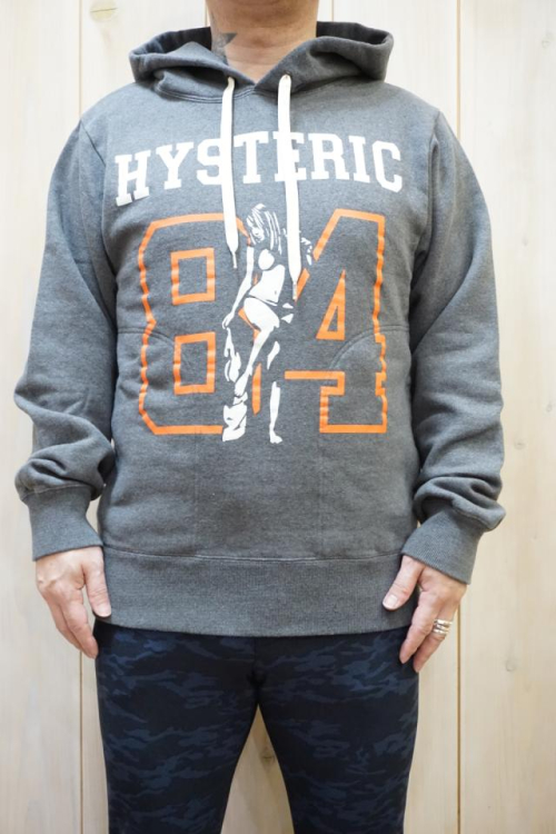 HYSTERIC GLAMOUR 02223CF03 HYS TIMES COLLEGE パーカー CHACOAL GRAY 正規通販 メンズ