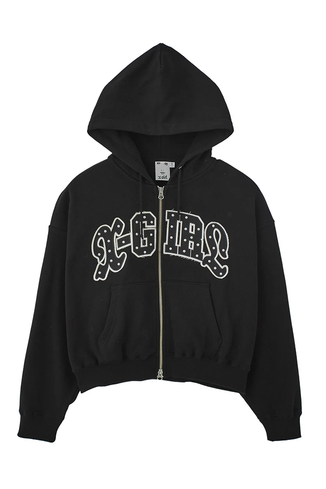 X-girl エックスガール 105261012005 STUDDED LOGO ZIP UP SWEAT HOODIE ジップパーカー BLACK 正規通販 レディース