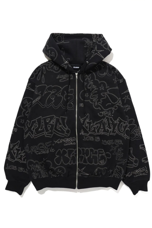 XLARGE エクストララージ 101234012003 EMBROIDERED ALLOVER LOGO ZIP UP HOODED SWEATSHIRT XLARGE ジップパーカー BLACK 正規通販 メンズ レディース