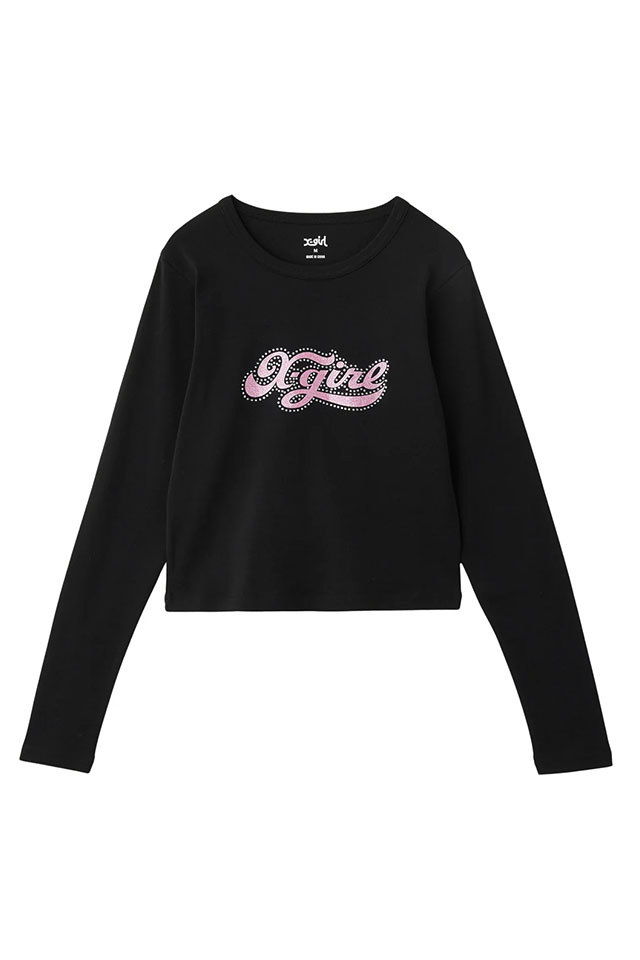 X-girl エックスガール 105254011006 RHINESTONE AND GLITTER LOGO L/S BABY ベビーTシャツ BLACK 正規通販 レディース