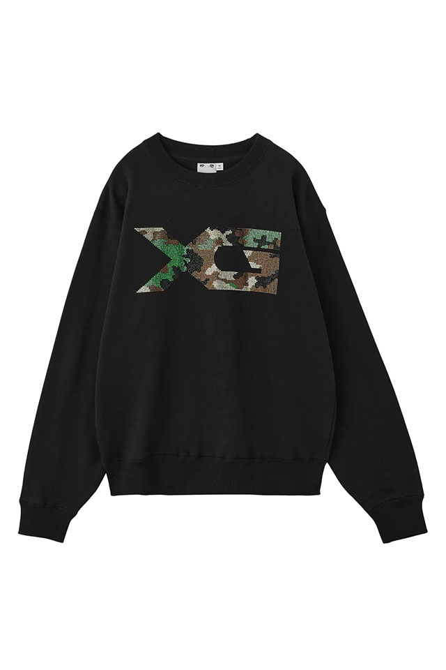 X-girl エックスガール 105254012019 RHINESTONE CAMO LOGO SWEAT TOP クルーネックスウェット BLACK 正規通販 レディース