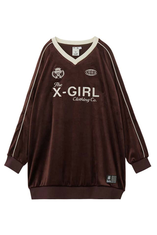 X-girl エックスガール 105254041001 VELOUR GAME SHIRT DRESS ゲームシャツワンピース BROWN 正規通販 レディース